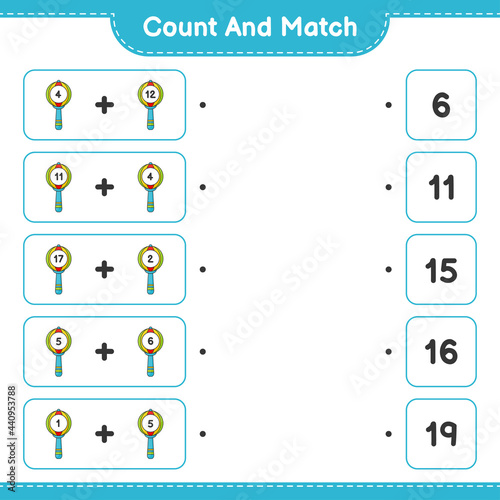 Count and match, count the number of Baby Rattle and match with the right numbers. Educational children game, printable worksheet, vector illustration