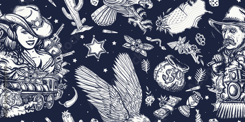 Wild West seamless pattern. American history art. Old school tattoo style. Western background. Cowboy girl, digger, eagle, train and USA map