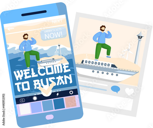 Welcome to Busan major south korea port city, tourist travel promotion poster with man stands on yacht sailing on sea. Journey to asian country south korea, summer tourism banner, entertainment