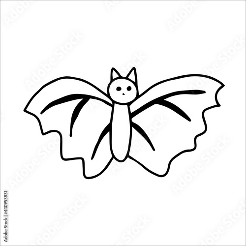 Hand-drawn bat in a primitive children's style, isolated on a white background. Cartoon character funny bat with openwork wings. Vector illustration