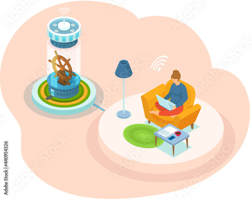 Freelancer woman with notebook on sofa at home does work or is educated remotely use modern technologies. Girl sitting in armchair with computer works or communicates at distance using social media