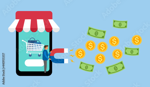 Man with magnet gathering money, coins and dollar banknotes for his online store in smartphone. Influencer marketing strategy for online business.