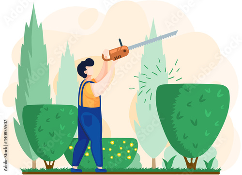 Gardener works in garden cartoon worker with saw agricultural worker. Landscaper male character trimming green tree and shrub with chainsaw for gardening and landscaping, profession power tool