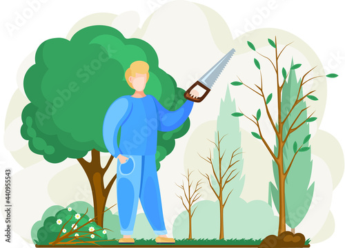 Gardener cuts tree. Pruning bushes and garden maintenance. Guy sawing plant with hand saw. Man cuts branches on landscape natural background. Professional garden worker working in spring in backyard
