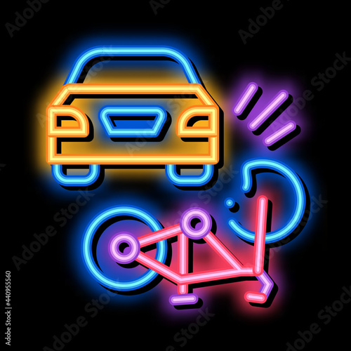 bike and car accident neon light sign vector. Glowing bright icon bike and car accident sign. transparent symbol illustration