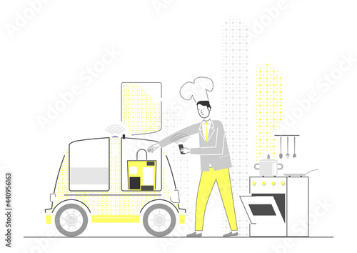 Modern cooking concept. Autonomous driverless car and smartphone as tools in the kitchen. Flat vector.