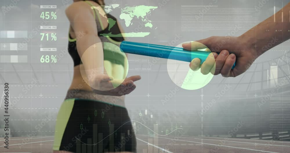 Statistical data processing against hand passing a baton against sports stadium
