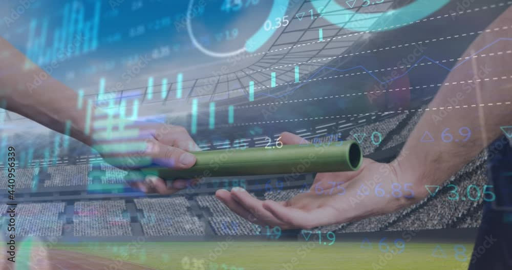 Stock market data processing against hand passing a baton against sports stadium
