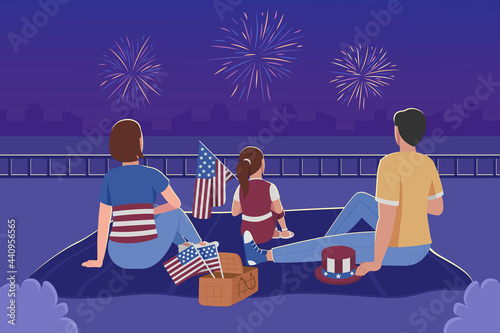 Family watching fireworks for 4th of july flat color vector illustration. Independence day celebration. Summer evening outdoor. Parents with daughter 2D cartoon characters with night sky on background