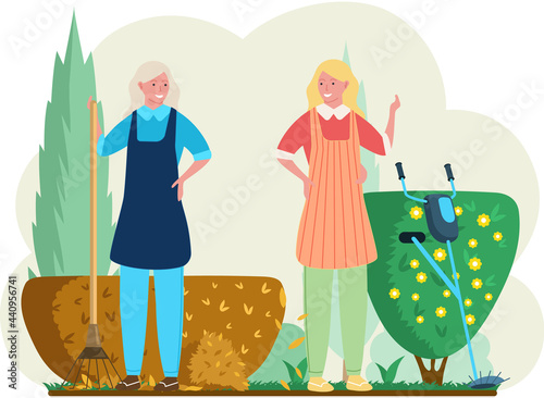 Seasonal gardening with characters of gardeners working in outdoor garden, female characters growing plants and flowers. Agriculture organic garden tillage and farming, plant care, gardening hobby