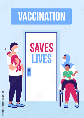 Vaccination campaign poster flat vector template. Health care during pandemic. Brochure, booklet one page concept design with cartoon characters. Vaccine save lives flyer, leaflet with copy space