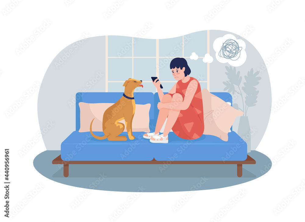 Unhappy teen girl at home 2D vector isolated illustration. Looking at phone screen. Sad child with dog at home flat characters on cartoon background. Teenager problem colourful scene Unhappy teen girl at home 2D vector isolated illustration. Looking at phone screen. Sad child with dog at home flat characters on cartoon background. Teenager problem colourful scene