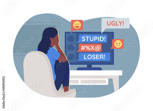 Teenager and cyberbullying problem 2D vector isolated illustration. Suffering teen girl in front of computer screen flat characters on cartoon background. Teenager problem colourful scene photo