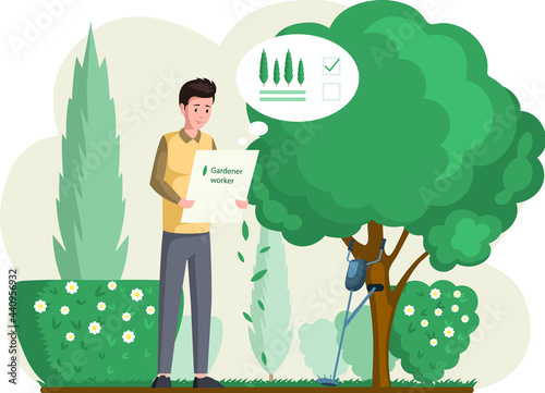 Gardener landscape designer man standing in garden with trees holding plan in hands cartoon character. Creative professional floral architecture planning lawn flowerbed exterior, landscaping project
