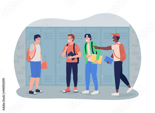 Boy bullied at school 2D vector isolated illustration. Peer pressure. Children mock and bully at high school flat characters on cartoon background. Teenager problem colourful scene