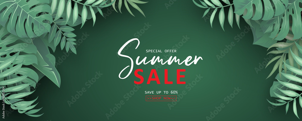 Fototapeta premium Elegant summer sale banner with tropical leaf theme