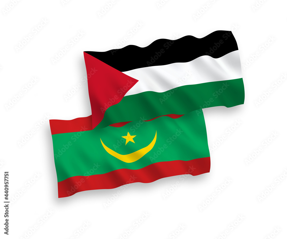 National vector fabric wave flags of Islamic Republic of Mauritania and Palestine isolated on white background. 1 to 2 proportion. National vector fabric wave flags of Islamic Republic of Mauritania and Palestine isolated on white background. 1 to 2 proportion.