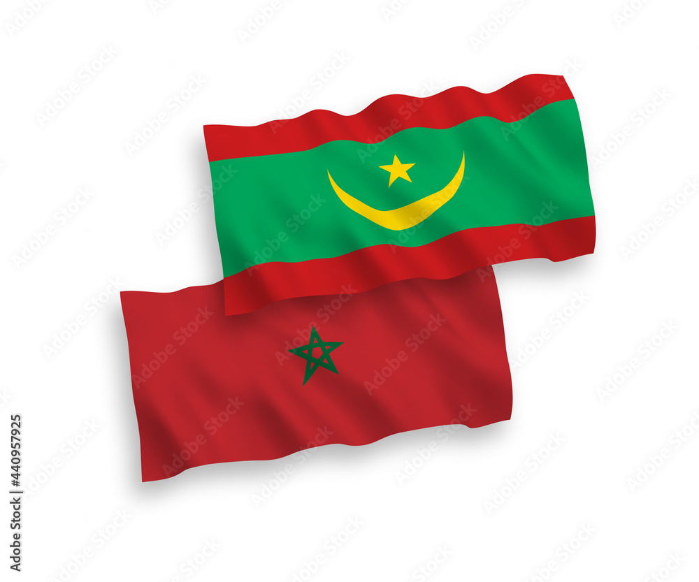 National vector fabric wave flags of Islamic Republic of Mauritania and Morocco isolated on white background. 1 to 2 proportion. National vector fabric wave flags of Islamic Republic of Mauritania and Morocco isolated on white background. 1 to 2 proportion.