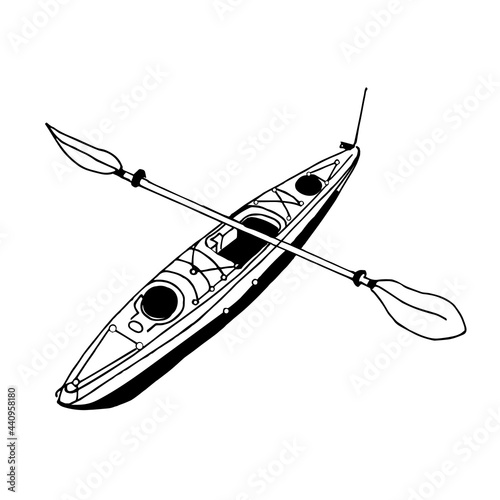 Kayak with paddles on a white background.Vector illustration of a boat.Black and white hand drawing in the doodle style.