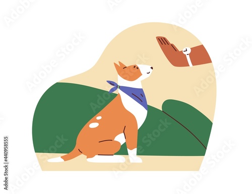 Dog obeying trainer's sit command. Canine instructor's hand showing signal to trained puppy. Cynologist teaching doggy. Colored flat vector illustration of pet and owner isolated on white background