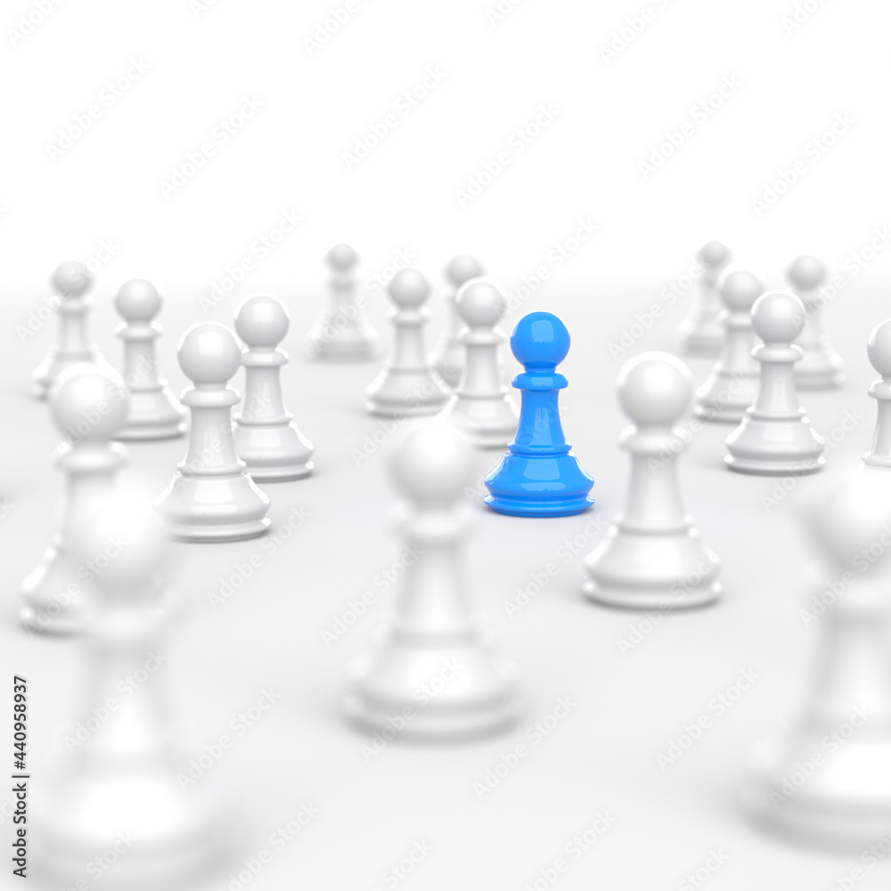 Leadership concept, blue pawn of chess, standing out from the crowd of white pawns, on white background. 3D Rendering Leadership concept, blue pawn of chess, standing out from the crowd of white pawns, on white background. 3D Rendering
