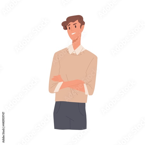 Arrogant selfish man with negative neglect face expression. Annoyed and bored person feeling superiority. Guy with condescending look. Colored flat vector illustration isolated on white background photo