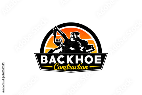 Backhoe logo template vector. Heavy equipment logo vector for construction company. Creative backhoe illustration for logo template.