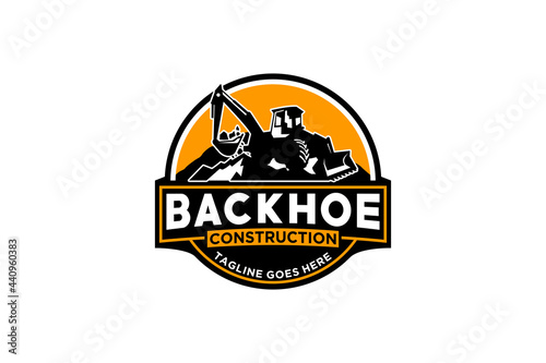 Backhoe logo template vector. Heavy equipment logo vector for construction company. Creative backhoe illustration for logo template.