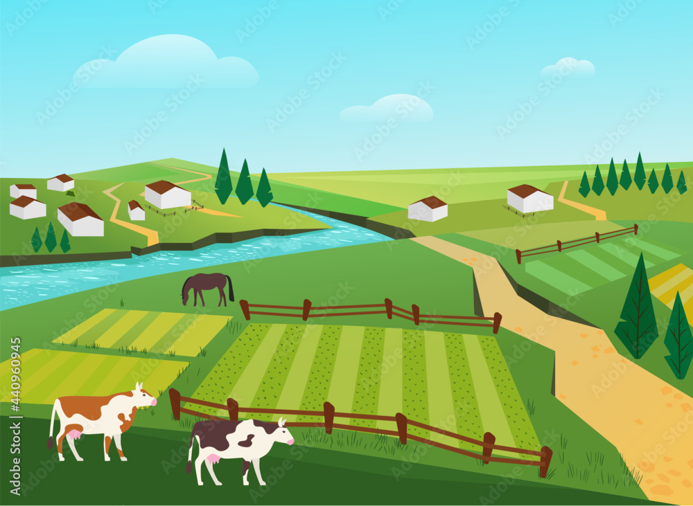 Cows graze in village countryside summer landscape vector illustration.  Cartoon cow domestic animals grazing in green pasture, milk cattle farm,  farmhouses and gardens, river scenery background Stock Vector | Adobe Stock