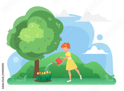 Girl watering flowers in farm garden  growing tulips plants vector illustration. Cartoon happy cute child gardener character planting  care nature environment  gardening hobby isolated on white