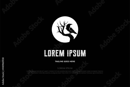 Black Dark Night Moon Raven with Dry Branch Tree Logo Design Vector