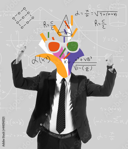 Calculation and formulas in man's head. Modern design, contemporary art collage. Inspiration, idea, trendy urban magazine style. photo