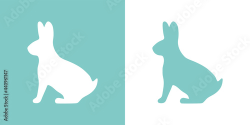Cute vector illustration of a hand drawn rabbit on a white and pastel turquoise background, flat card or postcard design. © Vladislav