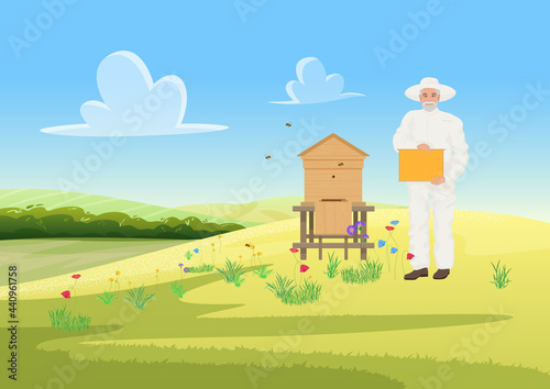 Beekeeper people work in apiary, farm apiculture agriculture, honey gathering from wooden beehive vector illustration. Cartoon man in protective uniform beekeeping, holding honeycomb background