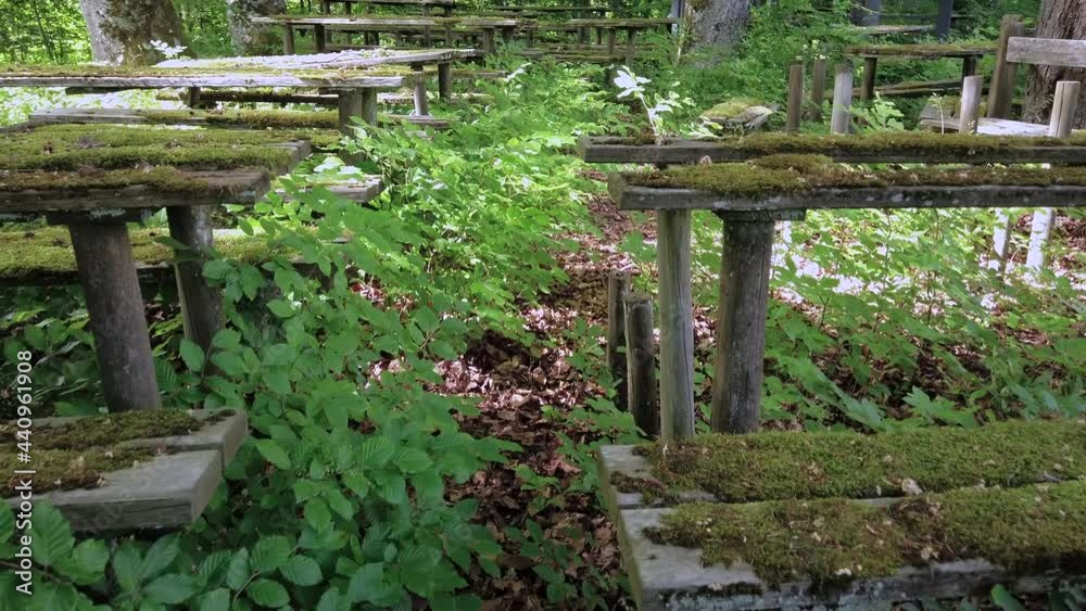 Verwilderter Biergarten, Obermühltal, Bayern, Deutschland
