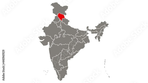 Himachal Pradesh state blinking red highlighted in map of India