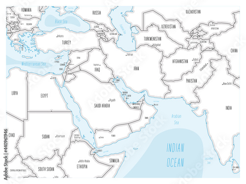 Political map of Middle East. Black outline hand-drawn cartoon style illustrated map with bathymetry. Handwritten labels of country, capital city, sea and ocean names. Simple flat vector map.