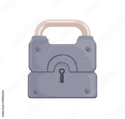Hanging locked iron padlock with closed metal shackle and keyhole. Realistic protecting mechanism for lockers and safes as symbol of security. Flat cartoon vector illustration isolated on white