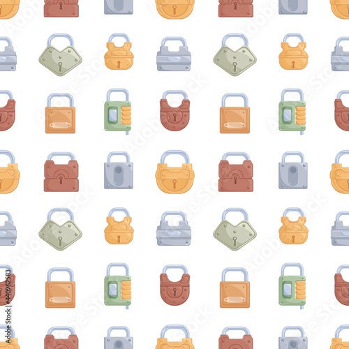 Seamless pattern with rows of metal locked closed padlocks of different shapes on white background. Endless repeatable texture for printing. Colored flat cartoon vector illustration for wrapping