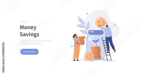 People characters collecting and putting coins in savings jar. Financial management, money  savings and deposit growth concept. Flat cartoon vector illustration.