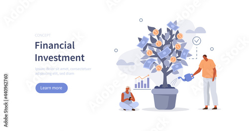 People сharacters planting, watering and harvesting money tree with gold coins on top. Investment, finance management and economic growth concept. Flat cartoon vector illustration.
