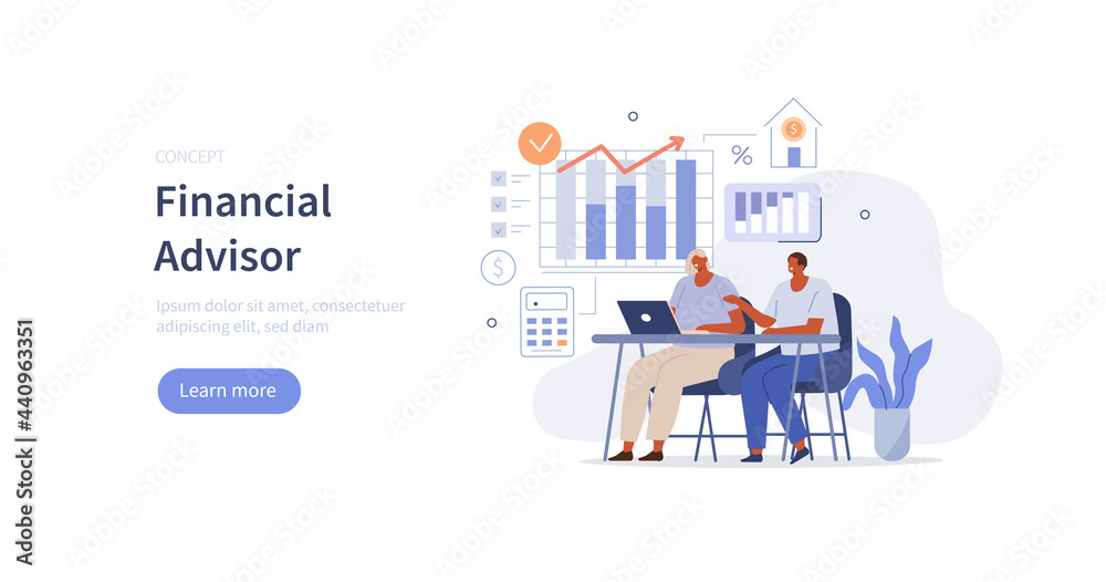 Financial advisor with client analyzing financial report. Man meeting accountant for advice. Business consultant at work. Flat cartoon vector illustration.