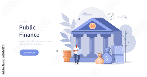 Coins and banknotes lying near government finance department or tax office column building. Public finance audit concept. Flat isometric vector illustration.