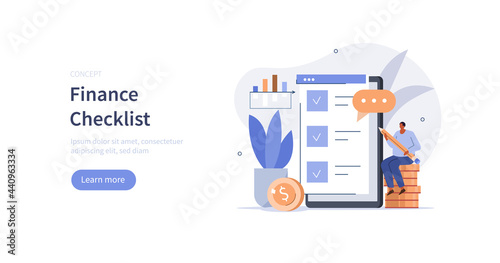 Character analyzing his finances, savings, creating budget and filling financial checklist on smartphone. Financial management concept. Flat cartoon vector illustration.