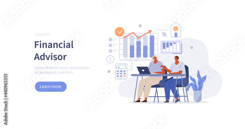 Financial advisor with client analyzing financial report. Man meeting accountant for advice. Business consultant at work. Flat cartoon vector illustration.