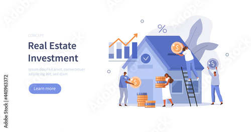 Characters buying home with mortgage and paying credit to bank. People invest money in real estate property. House loan, rent and mortgage Concept. Flat cartoon vector illustration.