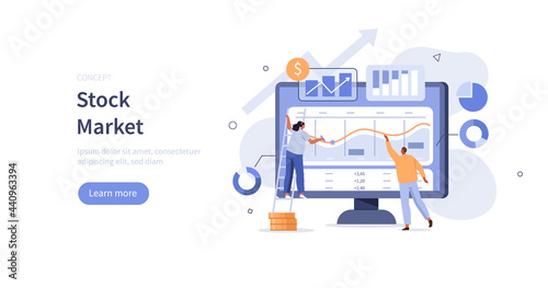 Characters analyzing stock market data. People examining  financial graphs, charts and diagrams. Stock trading concept. Flat cartoon vector illustration.