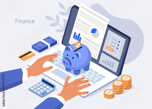 Character typing on laptop with financial report on screen. Accountant managing budget and making savings. Saving money and economy concept. Flat isometric vector illustration.
 photo