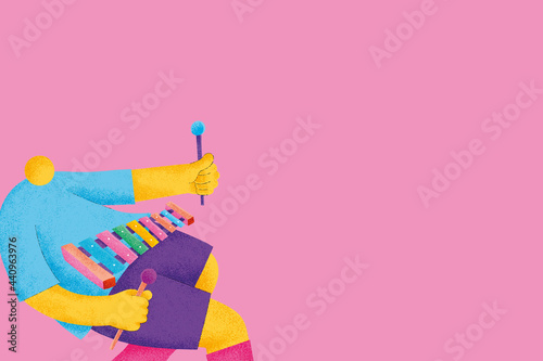 Pink musical background with xylophonist musician flat graphic photo