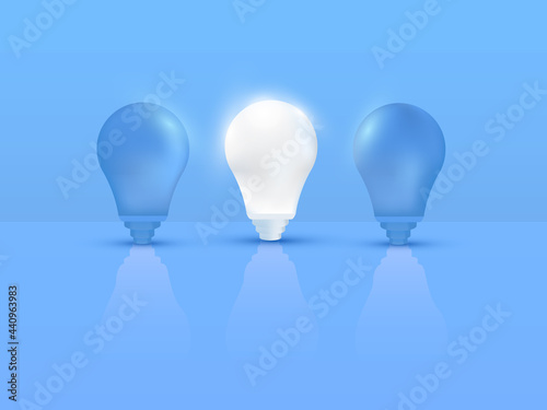 3D illustration of think different concept with one glowing light bulb